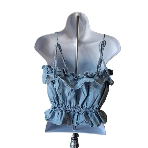 American Eagle Ruffle Denim Crop Top Womens Small Blue Stretch Summer - Picture 2 of 7